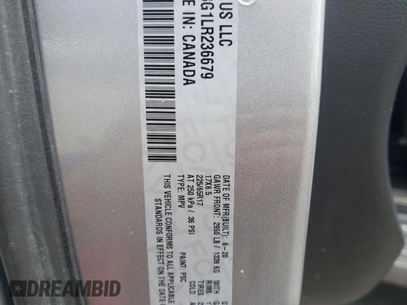 2020 Dodge Grand Caravan SE with VIN 2C4RDGBG1LR236679, listed as a Copart auction lot 50933315 with 160,603 mi miles and Salvage Title. Bid and sale history available at DreamBid. Image 13.