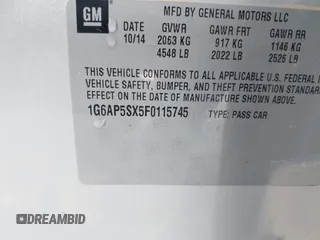 2015 Cadillac CTS RWD with VIN 1G6AP5SX5F0115745, listed as a IAAI auction lot 41658935 with 62,477 mi miles and . Bid and sale history available at DreamBid. Image 9.