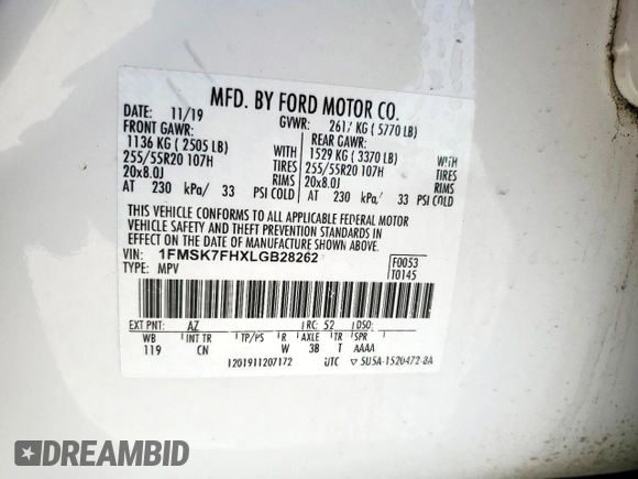 2020 Ford Explorer Limited z VIN 1FMSK7FHXLGB28262, wystawiony jako Copart lot #61974945 z przebiegiem 69 998 mil mil oraz Szkoda całkowita • Salvage title. Historia ofert i sprzedaży dostępna na DreamBid. Obrazek 13.