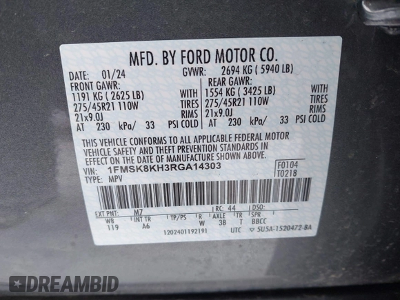 2024 Ford Explorer ST-Line с VIN 1FMSK8KH3RGA14303, выставлен на аукционе IAAI как лот 41556833 с пробегом 11 966 миль миль и . История ставок и продаж доступна на DreamBid. Изображение 9.