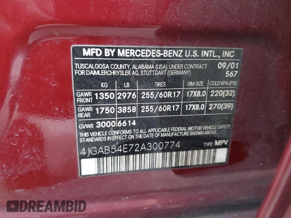 2002 Mercedes-Benz M-Class with VIN 4JGAB54E72A300774, listed as a Copart auction lot 75990134 with 312,541 mi miles and Salvage Title. Bid and sale history available at carsss.com. Image 13.