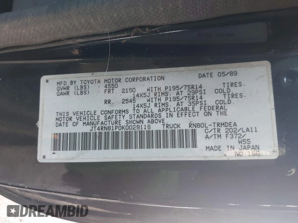 1989 Toyota Pickup DX z VIN JT4RN81P0K0029116, wystawiony jako IAAI lot #42474777 z przebiegiem 234 987 mil mil oraz . Historia ofert i sprzedaży dostępna na DreamBid. Obrazek 9.