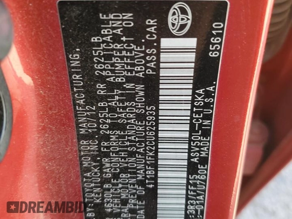 2012 Toyota Camry L with VIN 4T1BF1FK2CU625935, listed as a Copart auction lot 51079725 with 171,492 mi miles and Salvage Title. Bid and sale history available at DreamBid. Image 13.