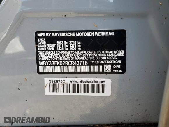 2024 BMW i5 eDrive40 z VIN WBY33FK02RCR43716, wystawiony jako Copart lot #68262434 z przebiegiem Nie podano mil oraz Szkoda całkowita • Salvage title. Historia ofert i sprzedaży dostępna na DreamBid. Obrazek 14.