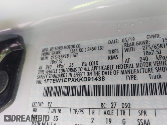 2019 Ford F-150 XL with VIN 1FTEW1EPXKKD91438, listed as a IAAI auction lot 41821555 with 81,683 mi miles. Bid and sale history available at carsss.com. Image 9.