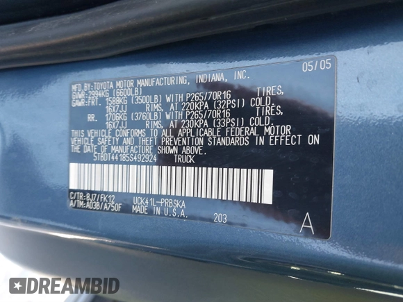 2005 Toyota Tundra SR5 with VIN 5TBDT44185S492924, listed as a IAAI auction lot 41625997 with 223,448 mi miles and . Bid and sale history available at DreamBid. Image 9.
