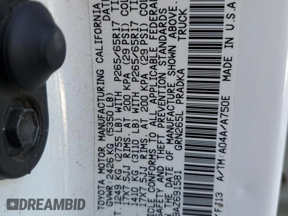 2010 Toyota Tacoma PreRunner with VIN 5TEJU4GN9AZ691581, listed as a Copart auction lot 50878855 with 236,777 mi miles and Salvage Title. Bid and sale history available at DreamBid. Image 12.