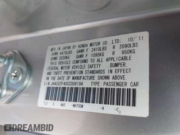 2012 Acura TSX with VIN JH4CU2F40CC006194, listed as a IAAI auction lot 42160268 with 81,585 mi miles and . Bid and sale history available at DreamBid. Image 9.