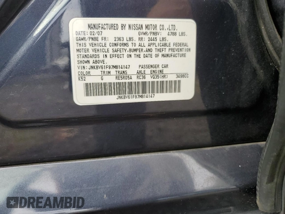 2007 Infiniti G35 G35x with VIN JNKBV61F97M814147, listed as a Copart auction lot 73292844 with 125,663 mi miles and Salvage Title. Bid and sale history available at DreamBid. Image 14.