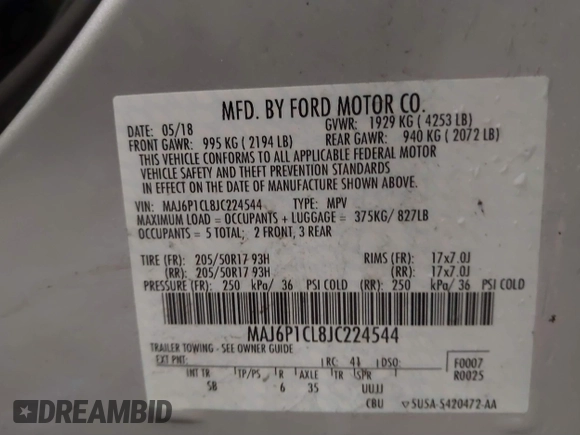 2018 Ford EcoSport SES with VIN MAJ6P1CL8JC224544, listed as a IAAI auction lot 41595620 with 57,866 mi miles and . Bid and sale history available at DreamBid. Image 9.