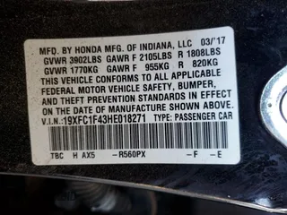 2017 Honda Civic Sedan EX-T with VIN 19XFC1F43HE018271, listed as a Copart auction lot 40249204 with 97,409 mi miles and Salvage Title. Bid and sale history available at carsss.com. Image 12.