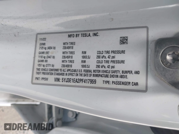 2023 Tesla Model 3 with VIN 5YJ3E1EA2PF417959, listed as a IAAI auction lot 42463853 with 22,736 mi miles and . Bid and sale history available at DreamBid. Image 9.