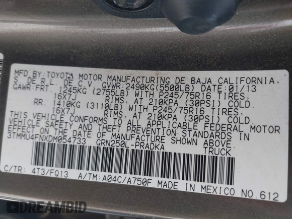 2013 Toyota Tacoma with VIN 3TMMU4FNXDM054733, listed as a IAAI auction lot 41621550 with 1 mi miles. Bid and sale history available at carsss.com. Image 9.