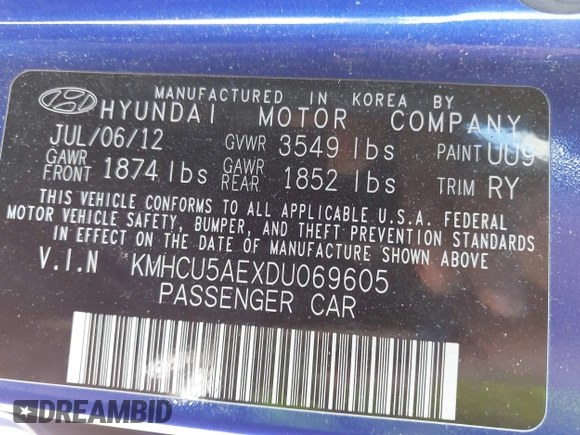 2013 Hyundai Accent SE with VIN KMHCU5AEXDU069605, listed as a IAAI auction lot 41320851 with 110,295 mi miles. Bid and sale history available at carsss.com. Image 9.