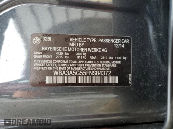 2015 BMW 3 Series 328i z VIN WBA3A5G55FNS84372, wystawiony jako Copart lot #58989335 z przebiegiem 41 789 mil mil oraz Szkoda całkowita • Salvage title. Historia ofert i sprzedaży dostępna na DreamBid. Obrazek 12.