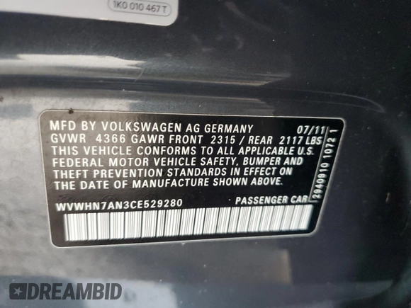 2012 Volkswagen CC Lux Limited with VIN WVWHN7AN3CE529280, listed as a Copart auction lot 41783765 with 306,411 mi miles and Salvage Title. Bid and sale history available at carsss.com. Image 13.