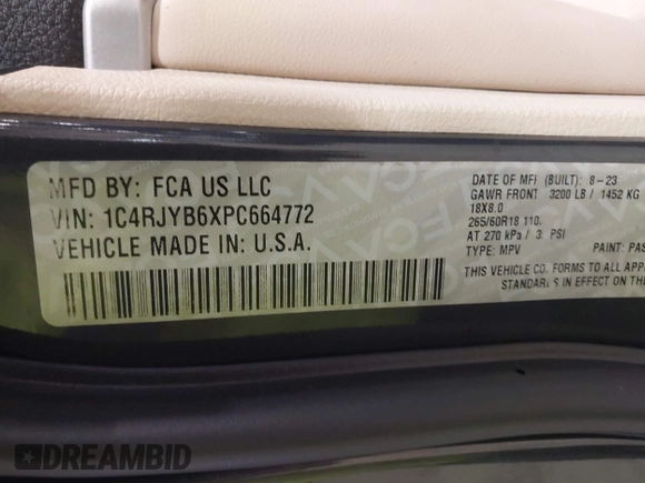 2023 Jeep Grand Cherokee with VIN 1C4RJYB6XPC664772, listed as a IAAI auction lot 41913782 with 41,872 mi miles and . Bid and sale history available at DreamBid. Image 9.