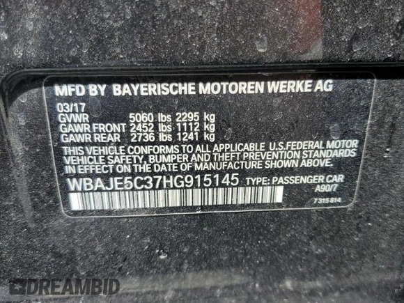 2017 BMW 5 Series 540i with VIN WBAJE5C37HG915145, listed as a Copart auction lot 60360365 with Not provided miles and Salvage title. Bid and sale history available at DreamBid. Image 12.