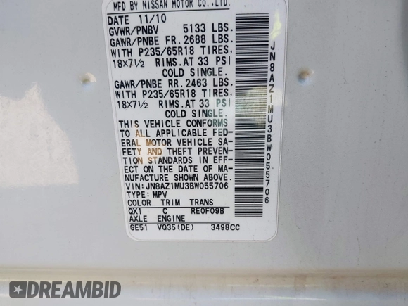 2011 Nissan Murano LE with VIN JN8AZ1MU3BW055706, listed as a IAAI auction lot 42230783 with 219,170 mi miles and . Bid and sale history available at DreamBid. Image 9.