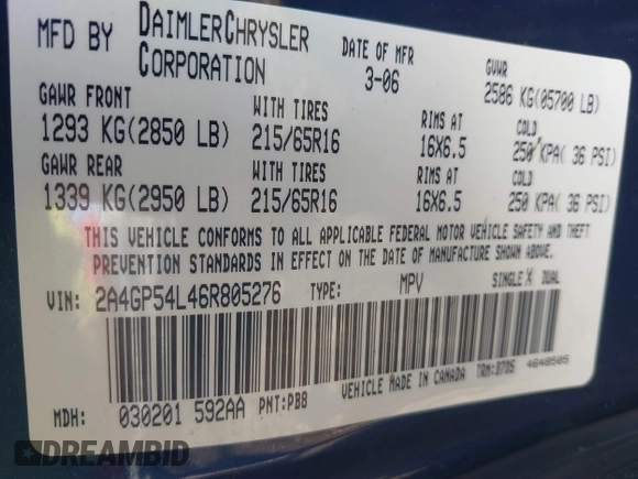 2006 Chrysler Town & Country Touring with VIN 2A4GP54L46R805276, listed as a IAAI auction lot 41036582 with 145,534 mi miles and . Bid and sale history available at DreamBid. Image 9.