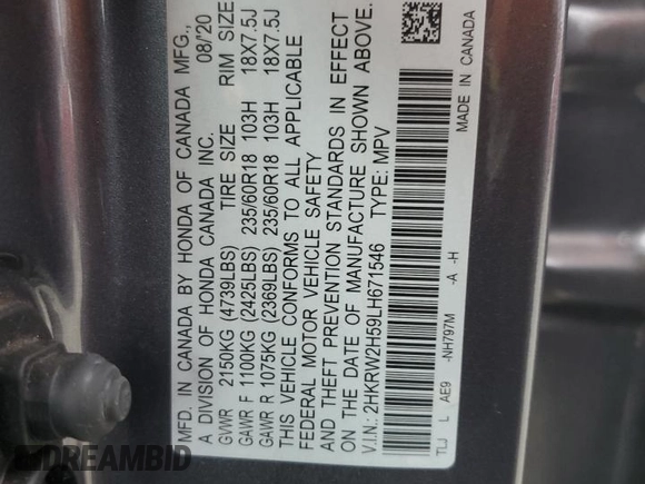 2020 Honda CR-V EX with VIN 2HKRW2H59LH671546, listed as a Copart auction lot 48035615 with 143,298 mi miles and Salvage Title. Bid and sale history available at carsss.com. Image 12.