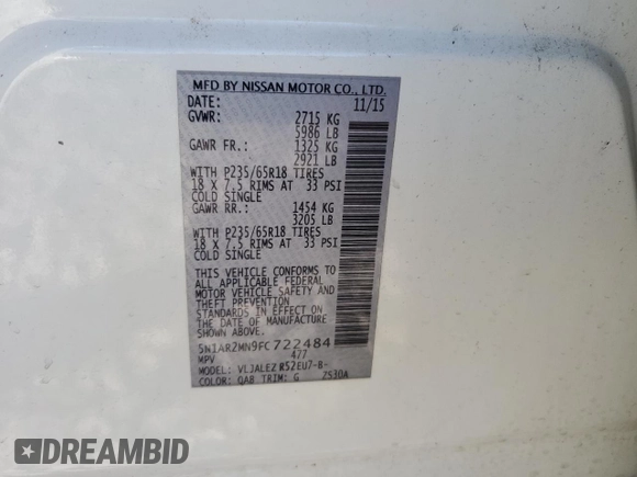 2015 Nissan Pathfinder SV with VIN 5N1AR2MN9FC722484, listed as a Copart auction lot 48152865 with 158,445 mi miles and Salvage Title. Bid and sale history available at carsss.com. Image 15.