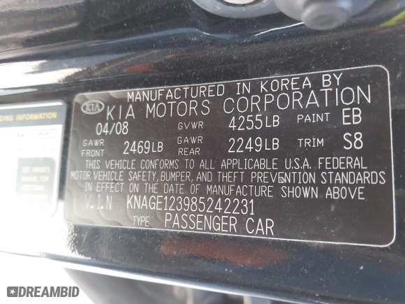 2008 Kia Optima LX with VIN KNAGE123985242231, listed as a IAAI auction lot 41838786 with 217,754 mi miles. Bid and sale history available at carsss.com. Image 9.