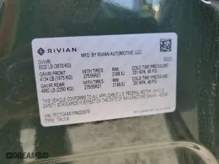2023 Rivian R1T Adventure with VIN 7FCTGAAA1PN020979, listed as a Copart auction lot 52574025 with 0 mi miles and Salvage Title. Bid and sale history available at carsss.com. Image 13.