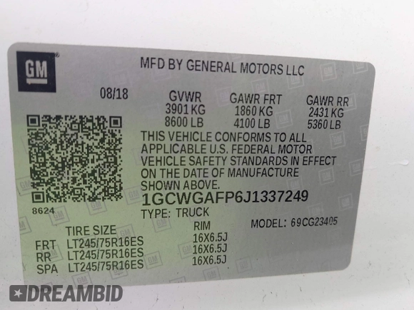 2018 Chevrolet Express Cargo with VIN 1GCWGAFP6J1337249, listed as a IAAI auction lot 42499473 with 92,075 mi miles and . Bid and sale history available at DreamBid. Image 9.