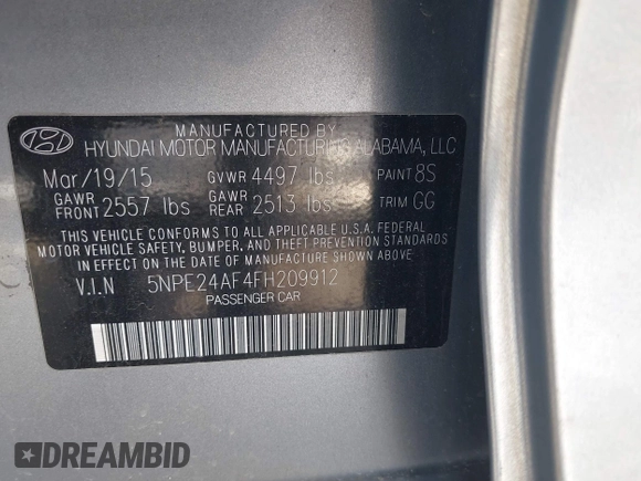 2015 Hyundai Sonata 2.4L SE with VIN 5NPE24AF4FH209912, listed as a IAAI auction lot 42079999 with 110,842 mi miles. Bid and sale history available at carsss.com. Image 9.