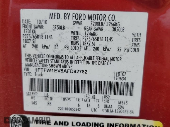2010 Ford F-150 XL with VIN 1FTFW1EV5AFD92782, listed as a Copart auction lot 56856665 with 163,169 mi miles and Salvage title. Bid and sale history available at DreamBid. Image 13.