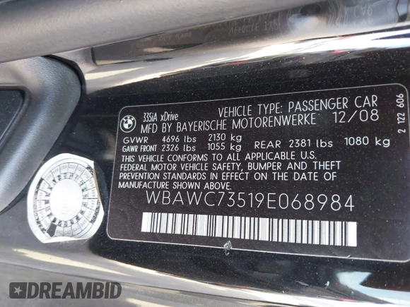2009 BMW 3 Series 335i xDrive with VIN WBAWC73519E068984, listed as a IAAI auction lot 42054771 with 162,386 mi miles and . Bid and sale history available at carsss.com. Image 9.