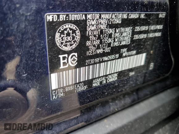 2022 Toyota RAV4 with VIN 2T3D1RFB1NW269519, listed as a Copart auction lot 64848373 with 12,538 mi miles and . Bid and sale history available at DreamBid. Image 16.
