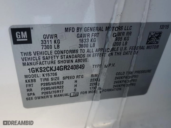 2016 GMC Yukon Denali with VIN 1GKS2CKJ4GR240849, listed as a Copart auction lot 46348875 with 105,914 mi miles and Clean Title. Bid and sale history available at carsss.com. Image 15.