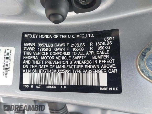 2021 Honda Civic Sport with VIN SHHFK7H43MU225961, listed as a IAAI auction lot 41721936 with 58,928 mi miles and . Bid and sale history available at DreamBid. Image 9.