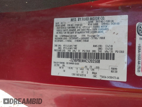 2012 Ford Mustang V6 with VIN 1ZVBP8EM4C5203508, listed as a IAAI auction lot 41688187 with 226,571 mi miles and . Bid and sale history available at DreamBid. Image 9.