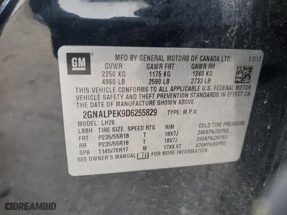 2013 Chevrolet Equinox LT with VIN 2GNALPEK9D6255829, listed as a Copart auction lot 47598575 with 171,319 mi miles and Salvage Title. Bid and sale history available at carsss.com. Image 12.