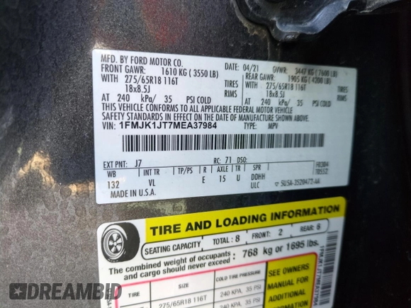 2021 Ford Expedition Max XLT with VIN 1FMJK1JT7MEA37984, listed as a Copart auction lot 43657695 with 38,259 mi miles and Salvage Title. Bid and sale history available at DreamBid. Image 13.