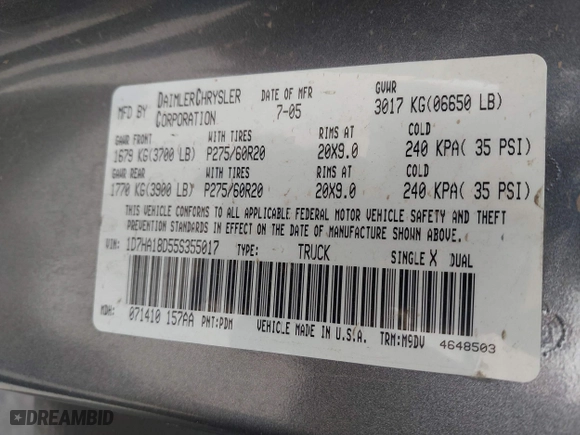 2005 Dodge Ram 1500 SLT with VIN 1D7HA18D55S355017, listed as a IAAI auction lot 41224611 with 126,997 mi miles. Bid and sale history available at carsss.com. Image 9.