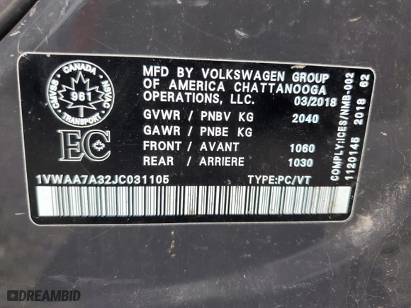 2018 Volkswagen Passat 2.0T S with VIN 1VWAA7A32JC031105, listed as a Copart auction lot 40646454 with 175,621 mi miles and Salvage Title. Bid and sale history available at carsss.com. Image 12.