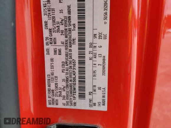 2020 Ford F-150 XL with VIN 1FTEW1E50LKF31657, listed as a Copart auction lot 59085335 with 58,395 mi miles and Salvage title. Bid and sale history available at DreamBid. Image 12.