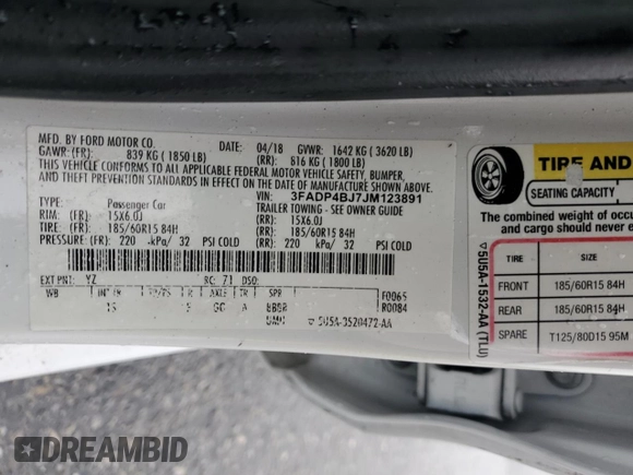 2018 Ford Fiesta SE with VIN 3FADP4BJ7JM123891, listed as a Copart auction lot 47896105 with 106,250 mi miles and Salvage Title. Bid and sale history available at carsss.com. Image 15.
