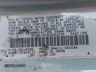 2002 Toyota Prius with VIN JT2BK18U820062239, listed as a IAAI auction lot 41598190 with 210,224 mi miles. Bid and sale history available at carsss.com. Image 9.
