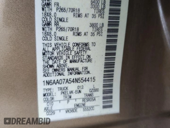 2004 Nissan Titan LE with VIN 1N6AA07A54N554415, listed as a Copart auction lot 54571635 with 196,664 mi miles and Clean Title. Bid and sale history available at DreamBid. Image 12.