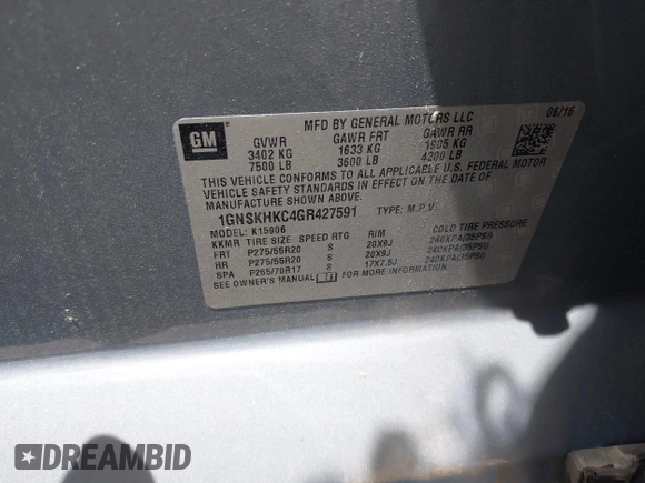 2016 Chevrolet Suburban LT z VIN 1GNSKHKC4GR427591, wystawiony jako IAAI lot #42162723 z przebiegiem 131 771 mil mil oraz . Historia ofert i sprzedaży dostępna na DreamBid. Obrazek 9.