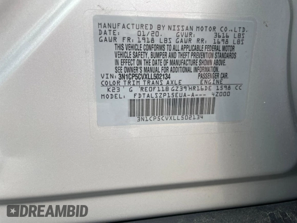 2020 Nissan Kicks SV with VIN 3N1CP5CVXLL502134, listed as a Copart auction lot 61497105 with 106,650 mi miles and Salvage title. Bid and sale history available at DreamBid. Image 10.