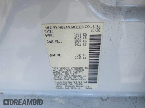 2021 Nissan Altima SV with VIN 1N4BL4DV8MN310134, listed as a IAAI auction lot 42418448 with 96,140 mi miles and . Bid and sale history available at DreamBid. Image 9.
