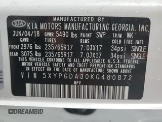 2019 Kia Sorento LX with VIN 5XYPGDA30KG480872, listed as a Copart auction lot 49615655 with Not Provided miles and Salvage Title. Bid and sale history available at DreamBid. Image 14.