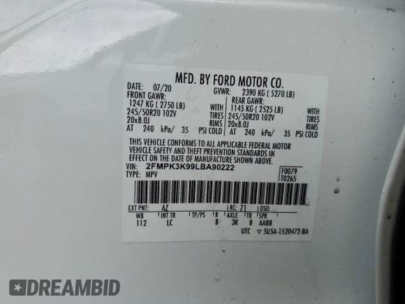 2020 Ford Edge Titanium с VIN 2FMPK3K99LBA90222, выставлен на аукционе Copart как лот 55849345 с пробегом 25 330 миль миль и Списание • Salvage title. История ставок и продаж доступна на DreamBid. Изображение 14.