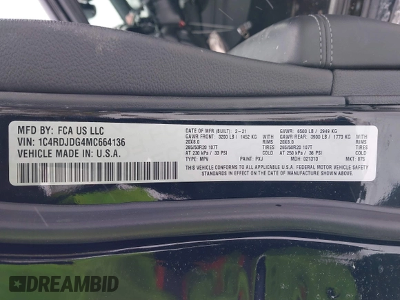 2021 Dodge Durango GT Plus z VIN 1C4RDJDG4MC664136, wystawiony jako IAAI lot #41609333 z przebiegiem 69 400 mil mil oraz . Historia ofert i sprzedaży dostępna na DreamBid. Obrazek 9.